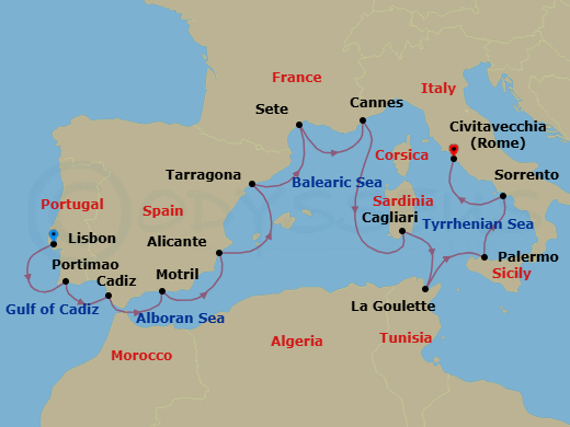 14 Night - Vibrant Cultural Tapestry - Oceania Nautica - Starting in Lisbon, Portimao, Seville (Cadiz), Granada (Motril), Alicante, Barcelona (Tarragona), Sete, Cannes, Cagliari (Sardinia), Tunis (La Goulette), Palermo (Sicily), Sorrento / Capri, Rome (Civitavecchia) itinerary map
