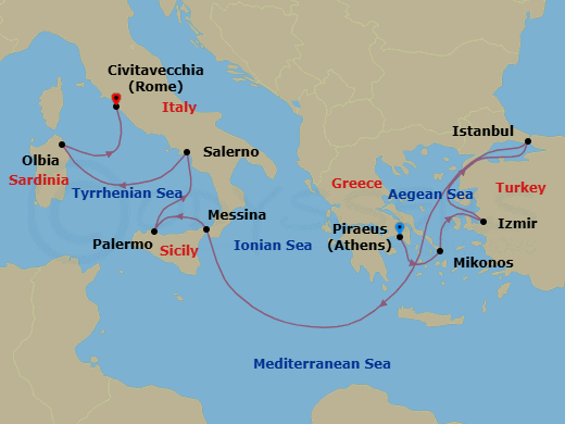 10 Night - The Birth of Civilization - Oceania Marina - Starting in Athens (Piraeus), Mykonos, Izmir, Istanbul, Messina (Sicily), Palermo (Sicily), Salerno, Olbia / Porto Cervo (Sardinia), Rome (Civitavecchia) itinerary map