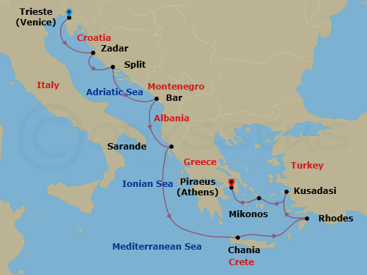 10 Night - Aegean Expedition - Oceania Marina - Starting in Trieste, Zadar, Split, Montenegro, Sarande, Chania (Crete), Rhodes, Ephesus (Kusadasi), Mykonos, Athens (Piraeus) itinerary map