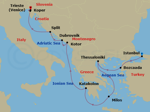 10 Night - Ancient Indulgence - Oceania Marina - Starting in Istanbul, Bozcaada (Troy), Thessaloniki, Milos, Katakolon, Kotor, Dubrovnik, Croatia, Split, Koper, Trieste itinerary map