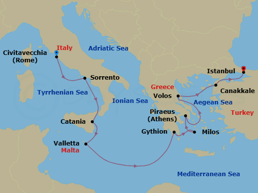 10 Night - Eastbound Adventure - Oceania Marina - Starting in Rome (Civitavecchia), Sorrento / Capri, Catania (Sicily), Valletta, Gythion, Milos, Athens (Piraeus), Volos, Canakkale (Troy), Istanbul itinerary map