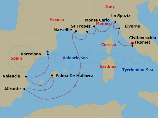 10 Night - Fall in the Roman Empire - Oceania Marina - Starting in Barcelona, Valencia, Palma De Mallorca, Alicante, Provence (Marseille), Saint-Tropez, Monte Carlo, Cinque Terre (La Spezia), Florence / Pisa / Tuscany (Livorno), Rome (Civitavecchia) itinerary map