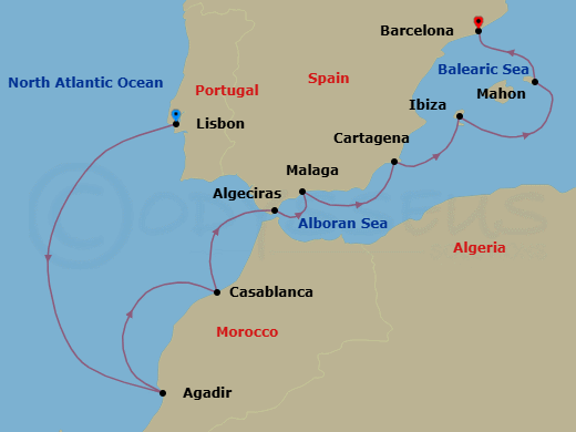 9 Night - The Matadors Trek - Oceania Marina - Starting in Lisbon, Agadir, Casablanca, Algeciras, Malaga, Cartagena ES, Ibiza, Mahon (Menorca), Barcelona itinerary map