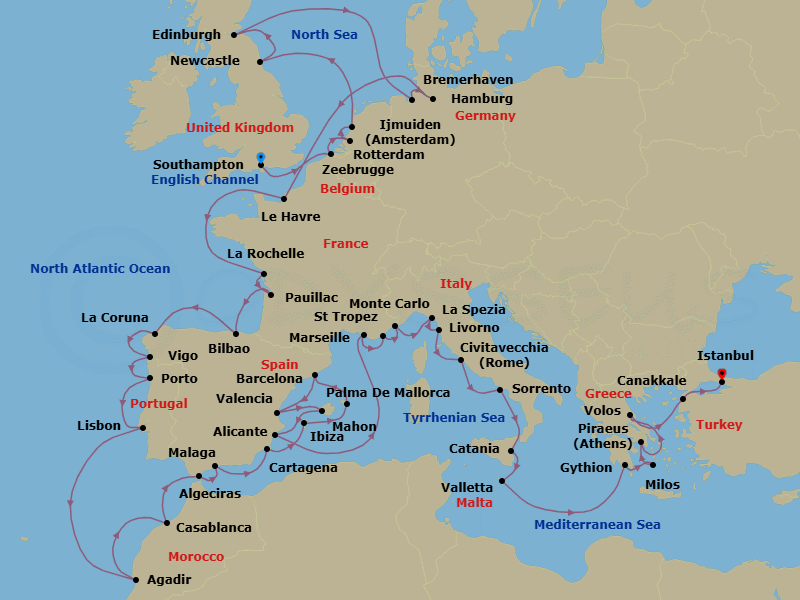 47 Night - Royals to Relics - Oceania Marina - Starting in London (Southampton), Bruges (Zeebrugge), Rotterdam, Ijmuiden, Newcastle UK, Edinburgh (Newhaven), Hamburg (Bremerhaven), Hamburg, Paris (Le Havre), La Rochelle, France, Pauillac (Bordeaux), Bilbao, La Coruna, Santiago De Compostela (Vigo), Oporto, Lisbon, Agadir, Casablanca, Algeciras, Malaga, Cartagena ES, Ibiza, Mahon (Menorca), Barcelona, Valencia, Palma De Mallorca, Alicante, Provence (Marseille), Saint-Tropez, Monte Carlo, Cinque Terre (La Spezia), Florence / Pisa / Tuscany (Livorno), Rome (Civitavecchia), Sorrento / Capri, Catania (Sicily), Valletta, Gythion, Milos, Athens (Piraeus), Volos, Canakkale (Troy), Istanbul itinerary map