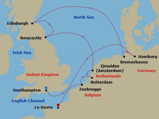 10 Night - Sophistication at Sea - Oceania Marina - Starting in London (Southampton), Bruges (Zeebrugge), Rotterdam, Ijmuiden, Newcastle UK, Edinburgh (Newhaven), Hamburg (Bremerhaven), Hamburg, Paris (Le Havre) itinerary map