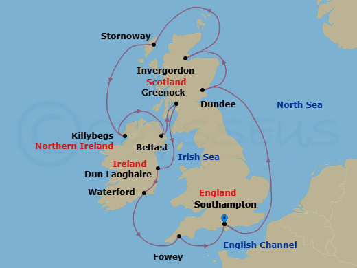 11 Night - Legends & Lore - Oceania Marina - Starting in London (Southampton), Dundee, Invergordon, United Kingdom, Stornoway (Hebrides), Killybegs, Belfast, Glasgow (Greenock), Dublin (Dun Laoghaire), Waterford, Fowey, London (Southampton) itinerary map