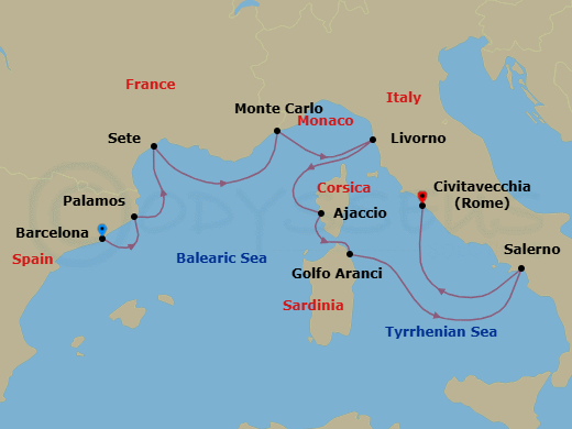 8 Night - Splendid Summer Sun - Oceania Allura - Starting in Barcelona, Palamos, Sete, Monte Carlo, Florence / Pisa / Tuscany (Livorno), Ajaccio (Corsica), Golfo Aranci, Salerno, Rome (Civitavecchia) itinerary map