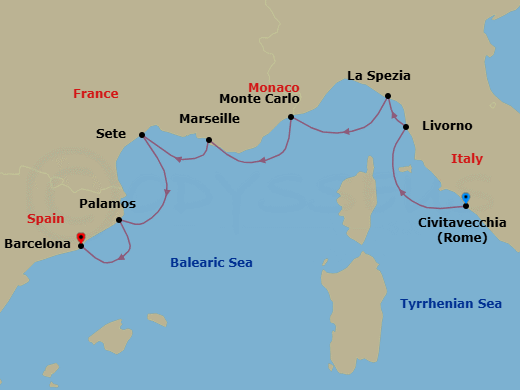 7 Night - European Yearnings - Oceania Allura - Starting in Rome (Civitavecchia), Florence / Pisa / Tuscany (Livorno), Cinque Terre (La Spezia), Monte Carlo, Provence (Marseille), Sete, Palamos, Barcelona itinerary map