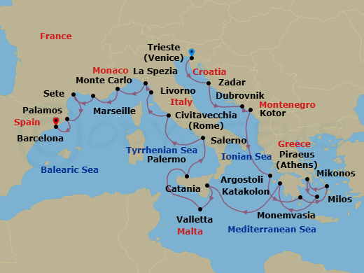 21 Night - Southern Europe Summer - Oceania Allura - Starting in Trieste, Zadar, Dubrovnik, Croatia, Kotor, Argostoli (Cephalonia), Monemvasia, Mykonos, Athens (Piraeus), Milos, Katakolon, Catania (Sicily), Valletta, Palermo (Sicily), Salerno, Rome (Civitavecchia), Florence / Pisa / Tuscany (Livorno), Cinque Terre (La Spezia), Monte Carlo, Provence (Marseille), Sete, Palamos, Barcelona itinerary map