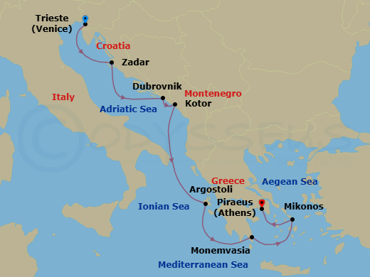 7 Night - Adriatic Dreams - Oceania Allura - Starting in Trieste, Zadar, Dubrovnik, Croatia, Kotor, Argostoli (Cephalonia), Monemvasia, Mykonos, Athens (Piraeus) itinerary map