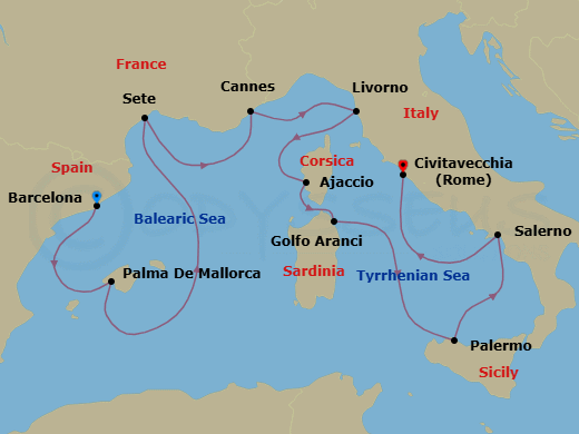9 Night - Mediterranean Masterpieces - Oceania Allura - Starting in Barcelona, Palma De Mallorca, Sete, Cannes, Florence / Pisa / Tuscany (Livorno), Ajaccio (Corsica), Golfo Aranci, Palermo (Sicily), Salerno, Rome (Civitavecchia) itinerary map