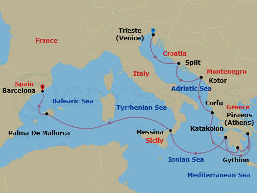 10 Night - To Spain with Love - Oceania Allura - Starting in Trieste, Split, Kotor, Corfu, Gythion, Athens (Piraeus), Katakolon, Messina (Sicily), Palma De Mallorca, Barcelona itinerary map