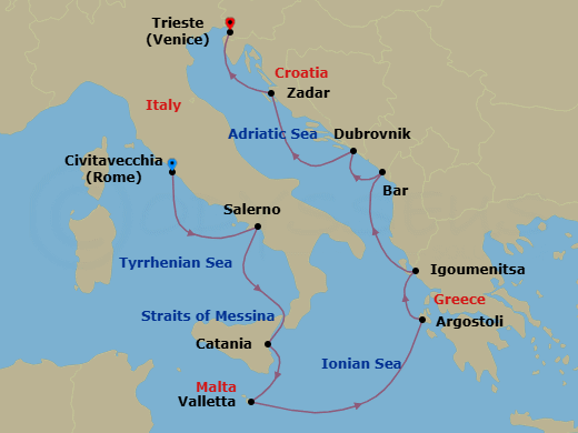 9 Night - In Bloom Around the Boot - Oceania Allura - Starting in Rome (Civitavecchia), Salerno, Catania (Sicily), Valletta, Argostoli (Cephalonia), Igoumenitsa, Montenegro, Dubrovnik, Croatia, Zadar, Trieste itinerary map