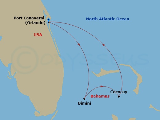 RCL Explorer of the Seas - 5 Night - Eastern Caribbean & Perfect Day - RCL Explorer of the Seas - Starting in Orlando (Port Canaveral), Fl, Bimini, Bahamas, Perfect Day Cococay, Bahamas.. itinerary map