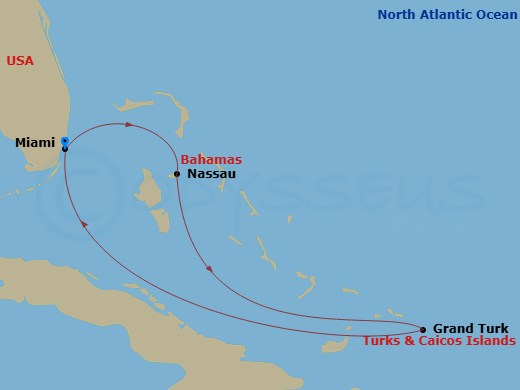 RCL Freedom of the Seas - 5 Night - Caribbean Getaway Cruise - RCL Freedom of the Seas - Starting in Miami, Florida, Nassau, Bahamas, Grand Turk, Turks and Caicos, Miami, Florida itinerary map