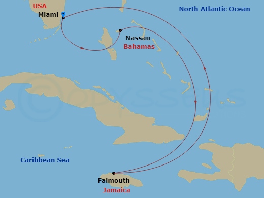RCL Freedom of the Seas - 5 Night - Caribbean Getaway Cruise - RCL Freedom of the Seas - Starting in Miami, Florida, Nassau, Bahamas, Falmouth, Jamaica, Miami, Florida itinerary map
