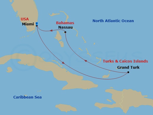 RCL Freedom of the Seas - 5 Night - Eastern Caribbean Cruise - RCL Freedom of the Seas - Starting in Miami, Florida, Grand Turk, Turks and Caicos, Nassau, Bahamas, Miami, Florida itinerary map