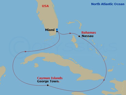 RCL Freedom of the Seas - 5 Night - Caribbean Getaway Cruise - RCL Freedom of the Seas - Starting in Miami, Florida, Nassau, Bahamas, George Town, Grand Cayman, Miami, Florida itinerary map