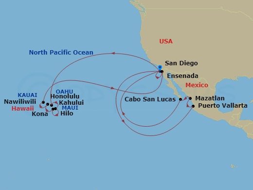 HAL Nieuw Amsterdam - 24 Night - Mexico Riviera & Circle Hawaii - HAL Nieuw Amsterdam - Starting in San Diego, California, Puerto Vallarta, Mexico, Mazatlan, Mexico, Cabo San Lucas.. itinerary map