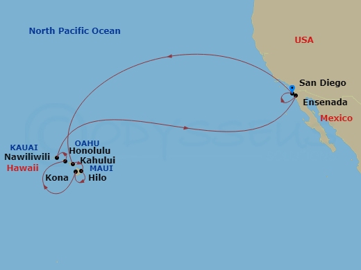 HAL Nieuw Amsterdam - 17 Night - Circle Hawaii - HAL Nieuw Amsterdam - Starting in San Diego, California, Kahului, Maui, Hilo, Hawaii, Kona, Hawaii, Honolulu, Hawaii, Nawiliwili, K.. itinerary map