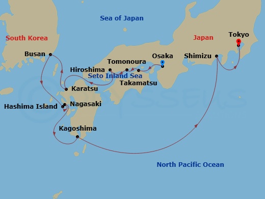 Star Seeker - 10 Night - Grand Japan - Star Seeker - Starting in Osaka, Takamatsu, Scenic Cruising Seto Inland Sea, Tomonoura, Hiroshima, Karatsu, Busan, Scenic Cruising Ha.. itinerary map
