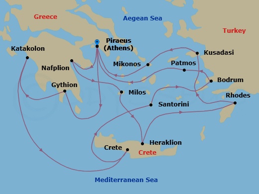 14 Night - Southern Europe Roundtrip from Athens - Silver Nova - Starting in Athens, Nafplion, Milos, Heraklion, Rhodes, Kusadasi, Mykonos, Athens, Gythion, Katakolon, Souda Bay, Santorini, Bodrum, Patmos, Athens itinerary map