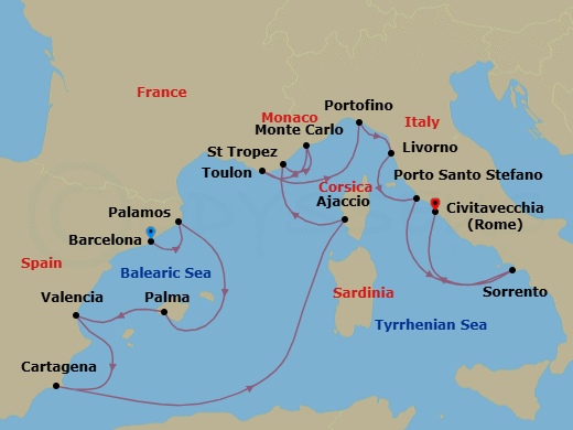 15 Night - Southern Europe from Barcelona to Rome (Civitavecchia) - Silver Ray - Starting in Barcelona, Palamos, Palma De Mallorca, Valencia, Cartagena ES, Ajaccio, Saint Tropez, Monte Carlo, Toulon, Portofino, Livorno, Porto Santo Stefano, Sorrento, Civitavecchia itinerary map