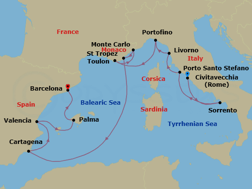 13 Night - Europe from Rome (Civitavecchia) to Barcelona - Silver Ray - Starting in Civitavecchia, Sorrento, Porto Santo Stefano, Livorno, Portofino, Toulon, Monte Carlo, Saint Tropez, Cartagena ES, Valencia, Palma De Mallorca, Barcelona itinerary map
