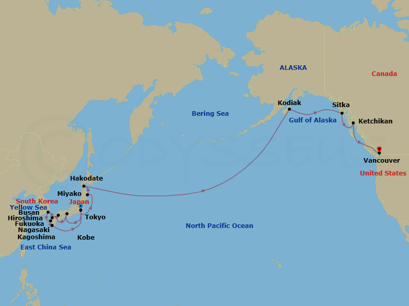 26 Night - Asia and Asia Pacific from Tokyo to Vancouver - Silver Moon - Starting in Tokyo, Kobe, Hiroshima, Kanmon Straits Passage, Fukuoka, Busan, Nagasaki, Kagoshima, Tokyo, Miyako, Hakodate, Date Line gain a day, Kodiak Island, Sitka, Ketchikan, Vancouver itinerary map