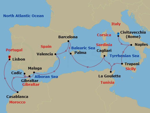 16 Night - Europe from Rome (Civitavecchia) to Lisbon - Silver Nova - Starting in Civitavecchia, Naples, Trapani, Tunis, Cagliari, Palma De Mallorca, Barcelona, Valencia, Malaga, Cadiz, Gibraltar, Casablanca, Lisbon itinerary map