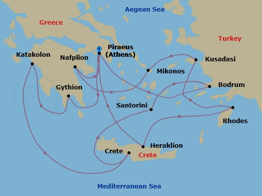 14 Night - Southern Europe Roundtrip from Athens - Silver Nova - Starting in Athens, Heraklion, Rhodes, Kusadasi, Mykonos, Nafplion, Athens, Gythion, Katakolon, Souda Bay, Santorini, Bodrum, Athens itinerary map