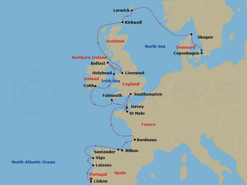 24 Night - Northern Europe from Copenhagen to Lisbon - Silver Dawn - Starting in Copenhagen, Skagen, Lerwick, Kirkwall, Liverpool, Belfast, Holyhead, Cobh, Falmouth, St Helier, Southampton, St Helier, Saint Malo, Bordeaux, Bilbao, Santander, Vigo, Oporto, Lisbon itinerary map