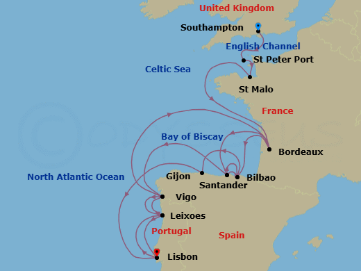 22 Night - Europe from Southampton to Lisbon - Silver Spirit - Starting in Southampton, St Peter Port, Saint Malo, Bordeaux, Bilbao, Santander, Vigo, Oporto, Lisbon, Oporto, Vigo, Bordeaux, Santander, Bilbao, Gijon, Spain, Lisbon itinerary map