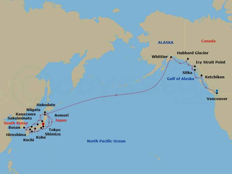 28 Night - Glaciers, Geishas & Gyoza - Oceania Riviera - Starting in Vancouver, Ketchikan, Sitka, Icy Strait Point (Hoonah), Cruising Hubbard Glacier, Anchorage (Whittier), Intl Date Line West, Aomori, Tokyo, Hakodate (Hokkaido), Niigata, Kanazawa, Sakaiminato, Busan, Hiroshima, Kochi, Kyoto (Kobe), Shimizu, Tokyo itinerary map