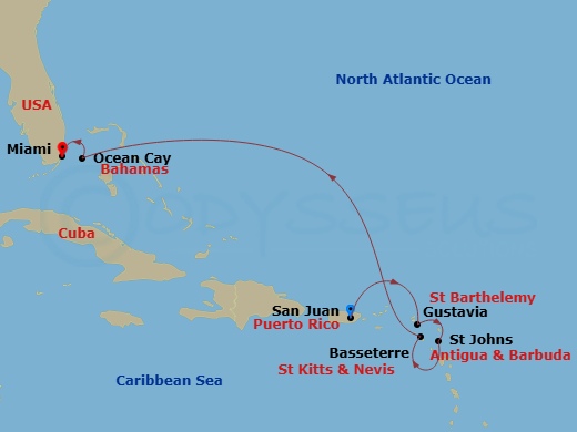 EXPLORA II - 7 Night - A Journey Through Beguiling Tropical Elegance to Vibrant Island Delights - EXPLORA II - Starting in San Juan, Gustavia, St Johns AG, Antigua, Basset.. itinerary map