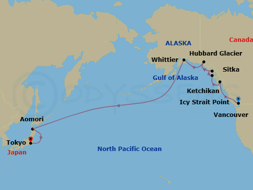 17 Night - Glaciers & Shrines - Oceania Riviera - Starting in Vancouver, Ketchikan, Sitka, Icy Strait Point (Hoonah), Cruising Hubbard Glacier, Anchorage (Whittier), International Date Line West, Aomori, Tokyo itinerary map