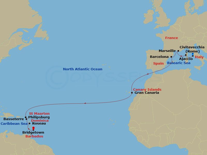 MSC Seaview - 17 Night - Msc Grand Voyages - MSC Seaview - Starting in Civitavecchia (Rome), Italy, Ajaccio (Corsica), France, Marseille (Provence), France, Barcelona, Spai.. itinerary map