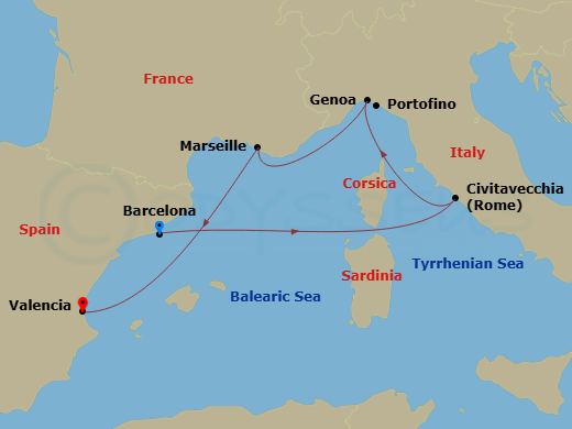 MSC Musica - 5 Night - Mediterranean - MSC Musica - Starting in Barcelona, Spain, Civitavecchia (Rome), Italy, Genoa (Portofino), Italy, Marseille (Provence), France, Vale.. itinerary map