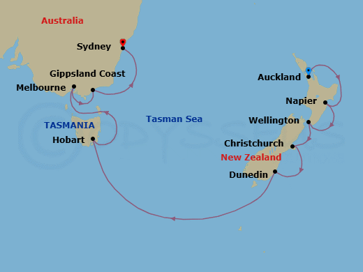 14 Night - Australia & New Zealand - Viking Orion - Starting in Auckland, Sail the South Pacific Ocean, Napier, Wellington, Christchurch, Dunedin, Scenic Sailing Foveaux Strait, Sail the Tasman Sea, Tasmania (Hobart), Scenic Sailing Bass Strait, Melbourne, Sail the Gippsland Coast, Sydney AU itinerary map