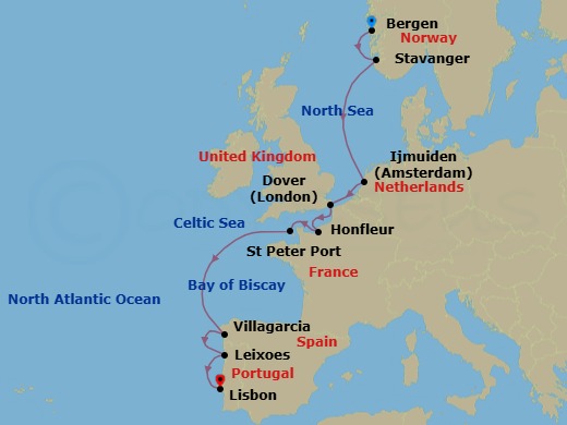 11 Night - The History & Traditions of Europe : Tastes of Discovery with Chef Gabriel Rodriguez - Scenic Eclipse II - Starting in Bergen, Norway, Stavanger, Norway, IJmuiden, Netherlands, Dover UK, Honfleur, France, St Peter Port, Guernsey, Channel Islands, Vilagarcia de Arousa, Spain, Leixoes, Portugal, Lisbon, Portugal itinerary map