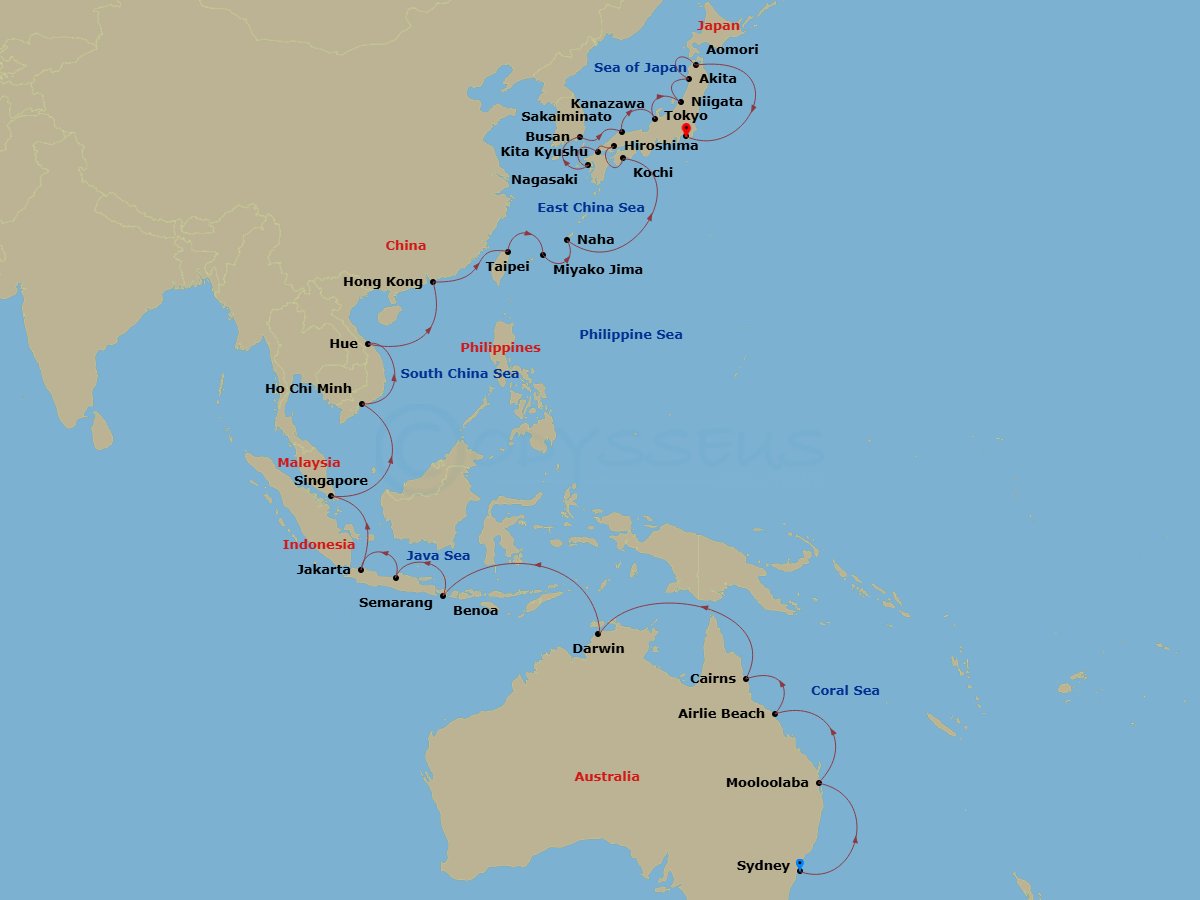 Azamara Pursuit - 48 Night - Australia to Japan Grand Voyage - Azamara Pursuit - Starting in Sydney AU, Mooloolaba, Queensland, Airlie Beach, Queensland, Cairns, Darwin, Benoa,.. itinerary map