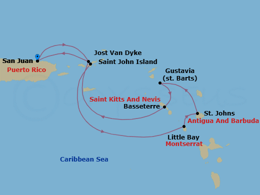 7 Night - San Juan to San Juan - Silver Shadow - Starting in San Juan, St John VI, Little Bay, Montserrat, St Johns, Gustavia, St Barthelemy, St Kitts (Basseterre), Jost Van Dyke, British Virgin Islands, San Juan itinerary map