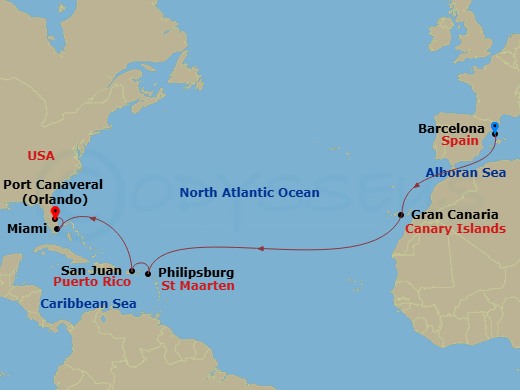 MSC Grandiosa - 15 Night - Msc Grand Voyages - MSC Grandiosa - Starting in Barcelona, Spain, Las Palmas de Gran Canaria (Canary Islands), Spain, Philipsburg, St Maarten, San.. itinerary map