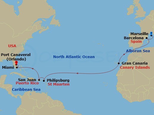 MSC Grandiosa - 16 Night - Msc Grand Voyages - MSC Grandiosa - Starting in Marseille (Provence), France, Barcelona, Spain, Las Palmas de Gran Canaria (Canary Islands), Spain,.. itinerary map