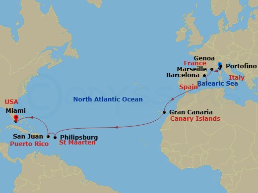MSC Grandiosa - 16 Night - Msc Grand Voyages - MSC Grandiosa - Starting in Genoa (Portofino), Italy, Marseille (Provence), France, Barcelona, Spain, Las Palmas de Gran Canari.. itinerary map