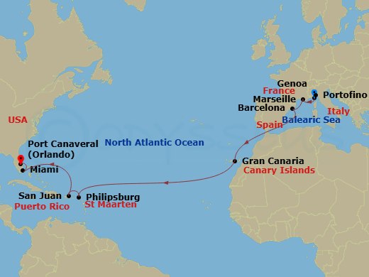 MSC Grandiosa - 17 Night - Msc Grand Voyages - MSC Grandiosa - Starting in Genoa (Portofino), Italy, Marseille (Provence), France, Barcelona, Spain, Las Palmas de Gran Canari.. itinerary map