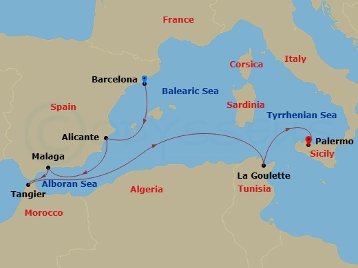 Costa Toscana - 7 Night - Western Mediterranean from Barcelona - Costa Toscana - Starting in Barcelona, Alicante, Malaga, Tangier, La Goulette, Palermo itinerary map