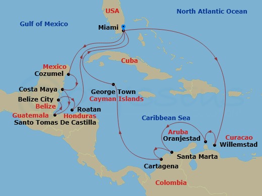 EXPLORA I - 18 Night - An Extended Journey of Historic Echoes & Ocean Breezes - EXPLORA I - Starting in Miami, Willemstad AN, Oranjestad, Santa Marta, Cartagena CO, Georg.. itinerary map