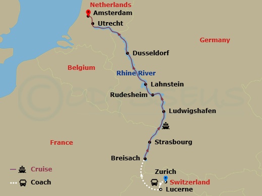 AmaPrima Cruise Tours - 11 Night - Enchanting Rhine with Zurich, Lake Lucerne Pre-Cruise - AmaPrima Cruise Tours - Starting in Zurich, Lucerne, Breisach, Strasbourg, Ludwigshafen, Ru.. itinerary map