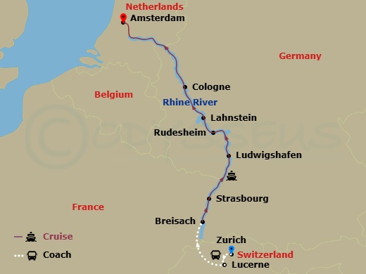 AmaLucia Cruise Tours - 11 Night - Enchanting Rhine (Wine Cruise) with Zurich, Lake Lucerne Pre-Cruise - AmaLucia Cruise Tours - Starting in Zurich, Lucerne, Breisach, Strasbourg, Lu.. itinerary map